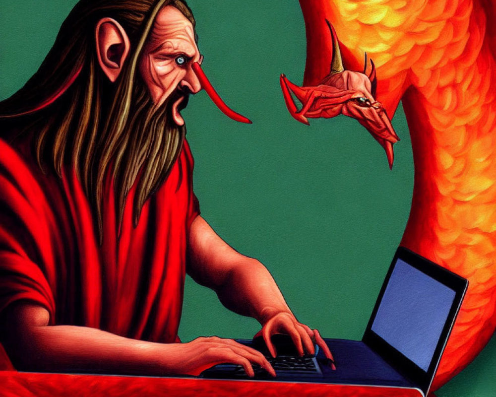 Long-haired figure typing on laptop with dragon on fiery structure in stylized illustration