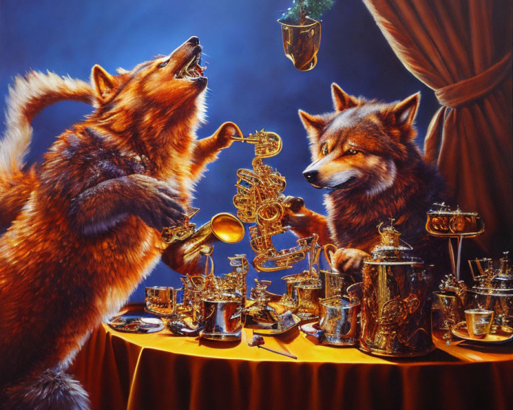 Anthropomorphic wolves discussing ornate brass artifacts in rich setting