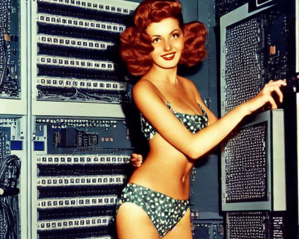 Red-haired woman in polka dot swimsuit posing with vintage computers.