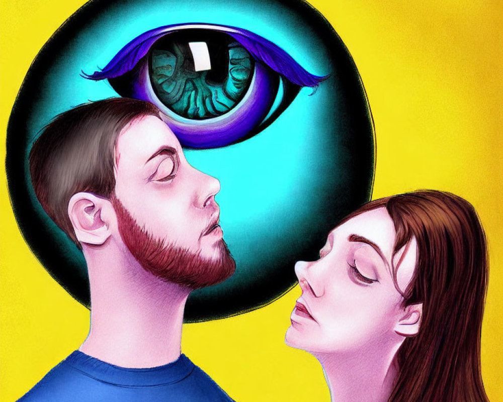 Vivid illustration of man and woman with detailed eye above them