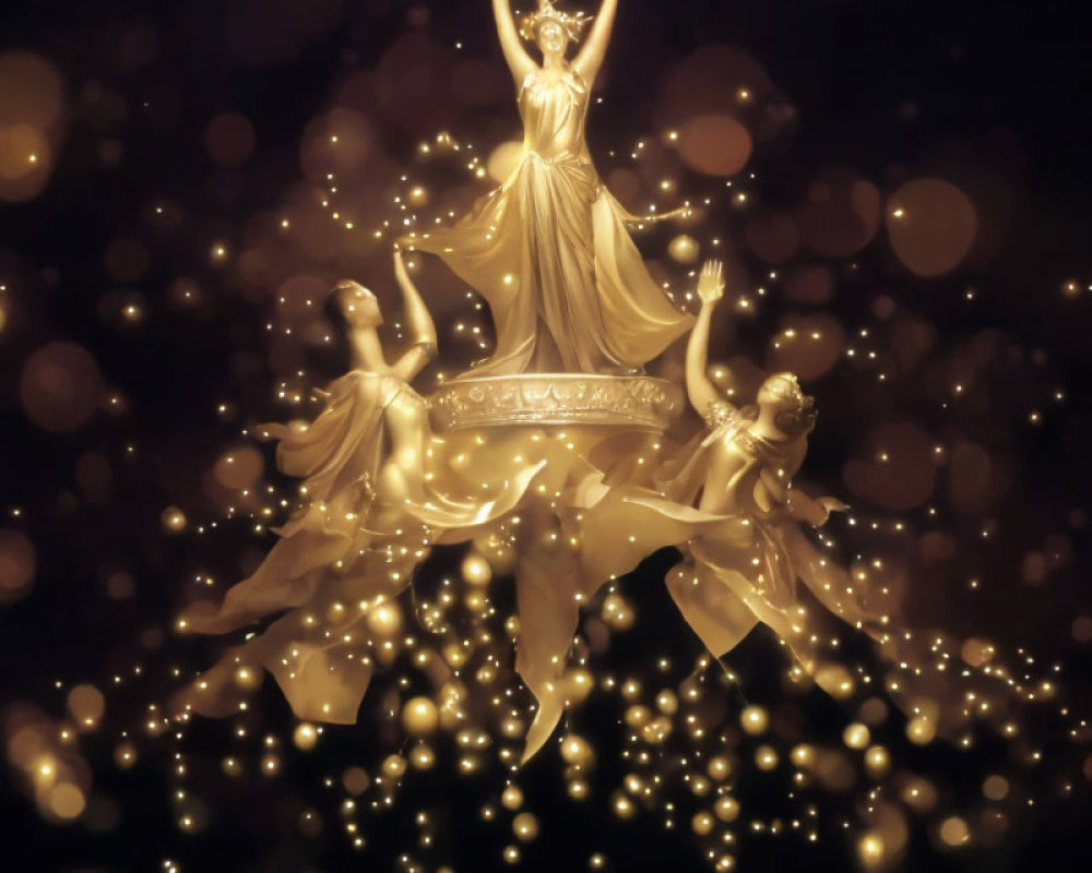 Golden figures dancing in circle with luminous orbs on dark background