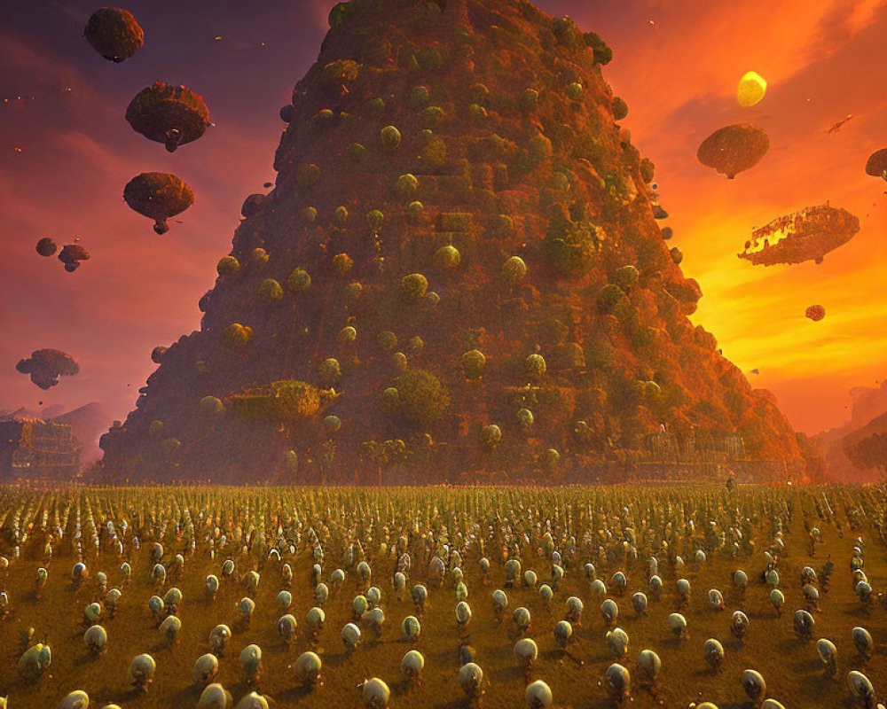 Mystical landscape with towering hill, floating rocks, and spherical plants under orange sky