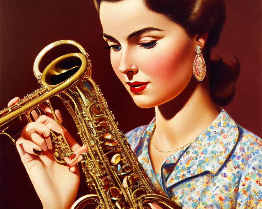 Vintage-style illustration of woman with styled hair and earring holding saxophone on maroon background