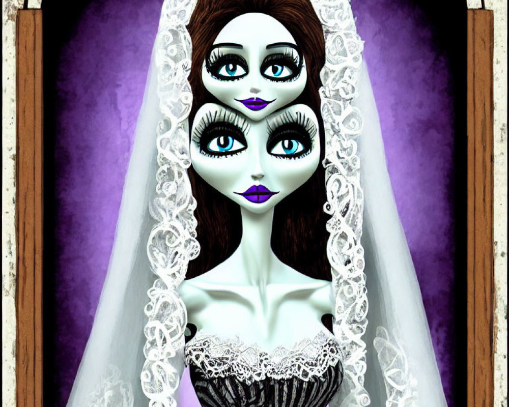 Gothic-style illustration of multi-eyed woman in black corset and bridal veil