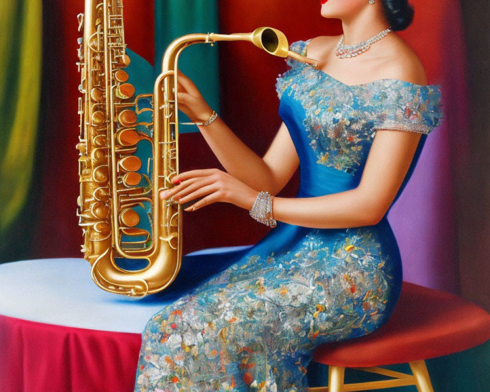 Vibrant illustration: elegant woman in blue floral dress with golden saxophone, red and green dr