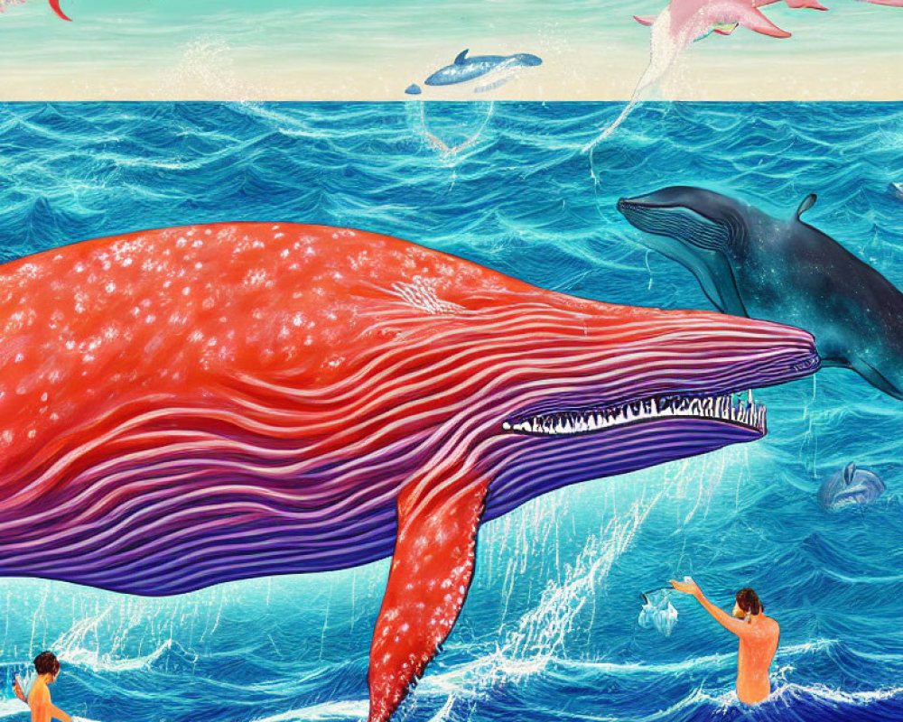 Colorful Illustration: Giant Red Whale and Swimmers in Surreal Ocean Scene