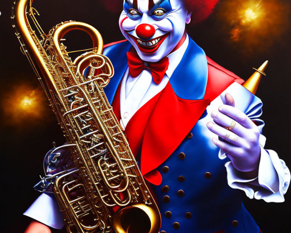 Colorful Clown Holding Saxophone in Red and Blue Costume on Dark Background