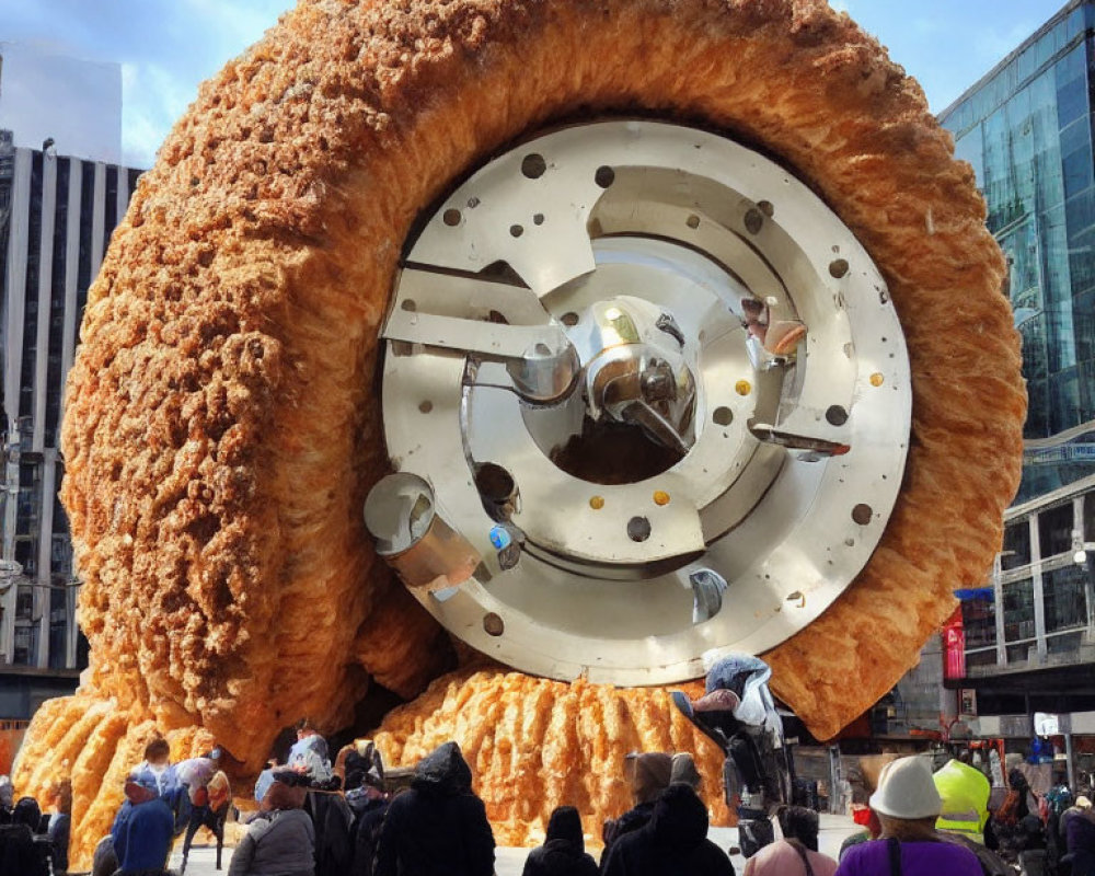 Giant fried chicken drumstick sculpture in urban setting with onlookers