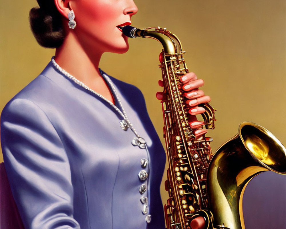 Woman in Blue Outfit Playing Saxophone with Pearl Accessories