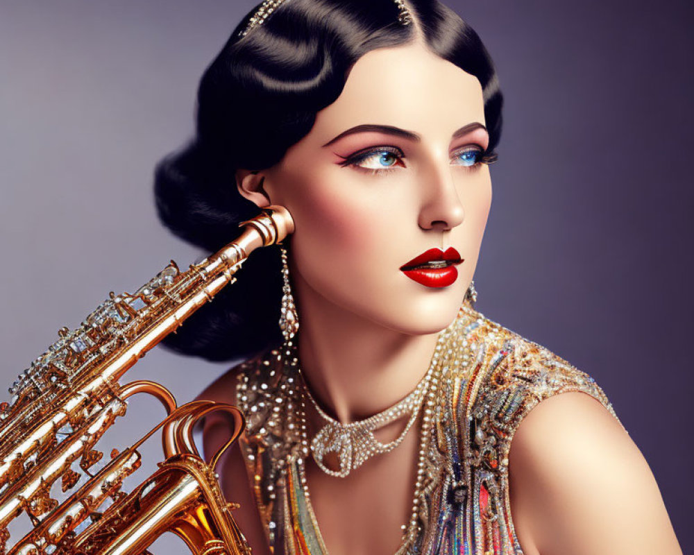 Vintage Glamour: Woman in Red Lipstick with Saxophone