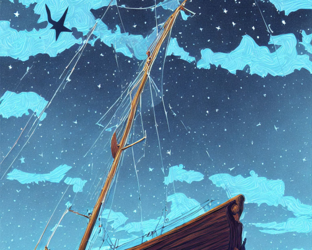 Stylized sailboat under starry night sky with celestial birds and wave-like stars.