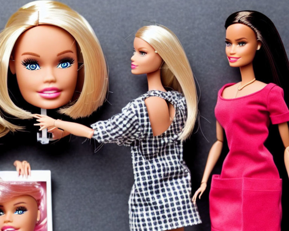 Three Barbie dolls in various outfits against dark background