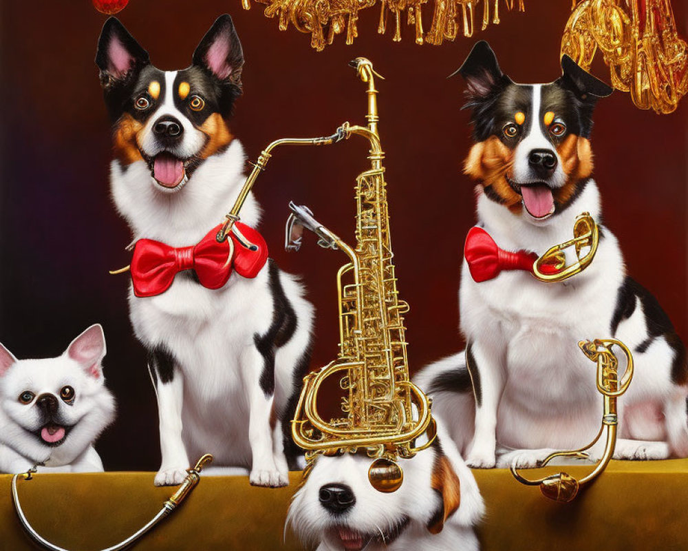 Four dogs with musical instruments and red bows under a chandelier