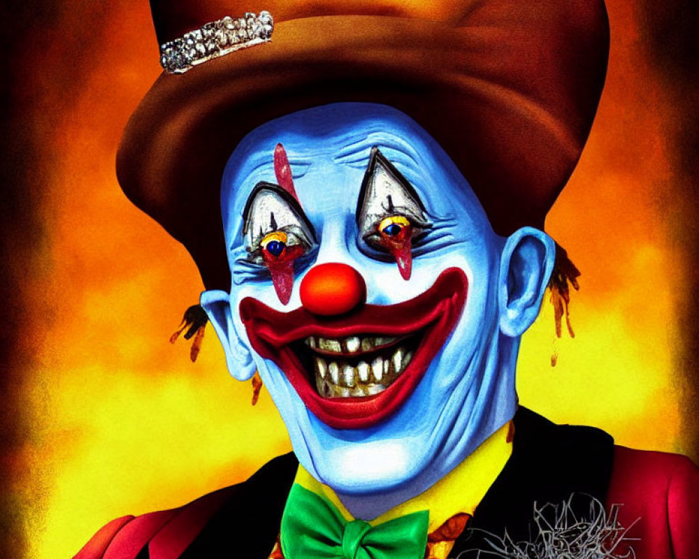 Vibrant clown illustration with painted face and colorful accessories