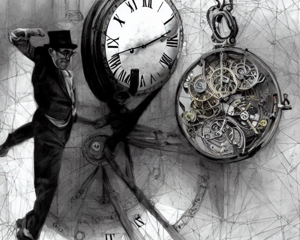 Monochrome artwork of man leaping between clock face and pocket watch with gears.