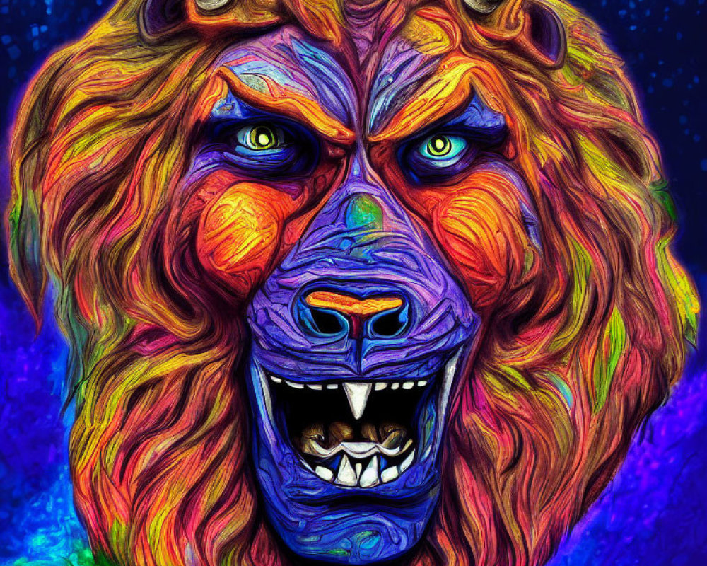 Colorful lion digital art with cosmic background