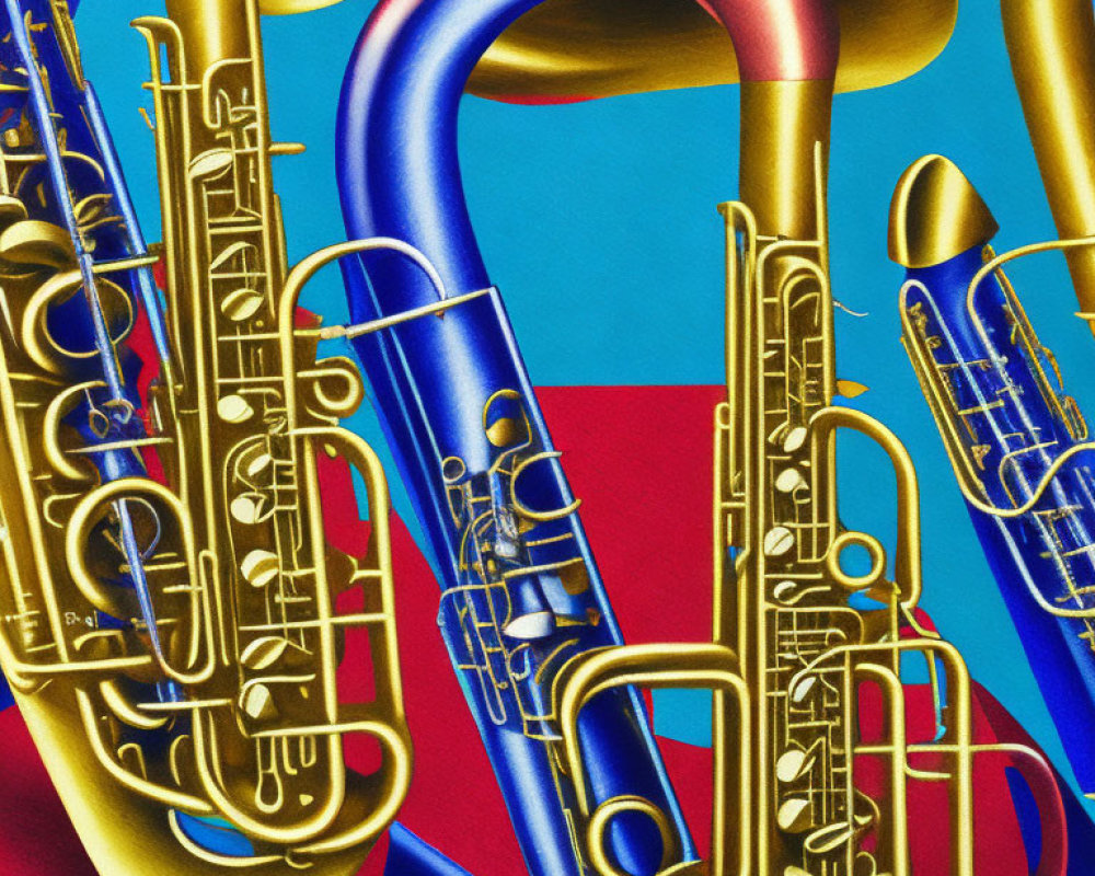 Colorful digital artwork of brass instruments on geometric backdrop