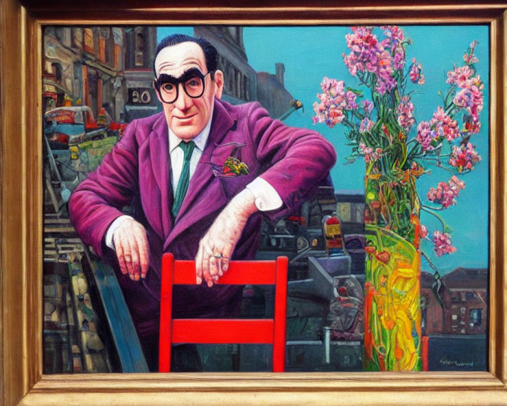 Vibrant painting of man in purple suit with glasses, red chair, flowers, cityscape