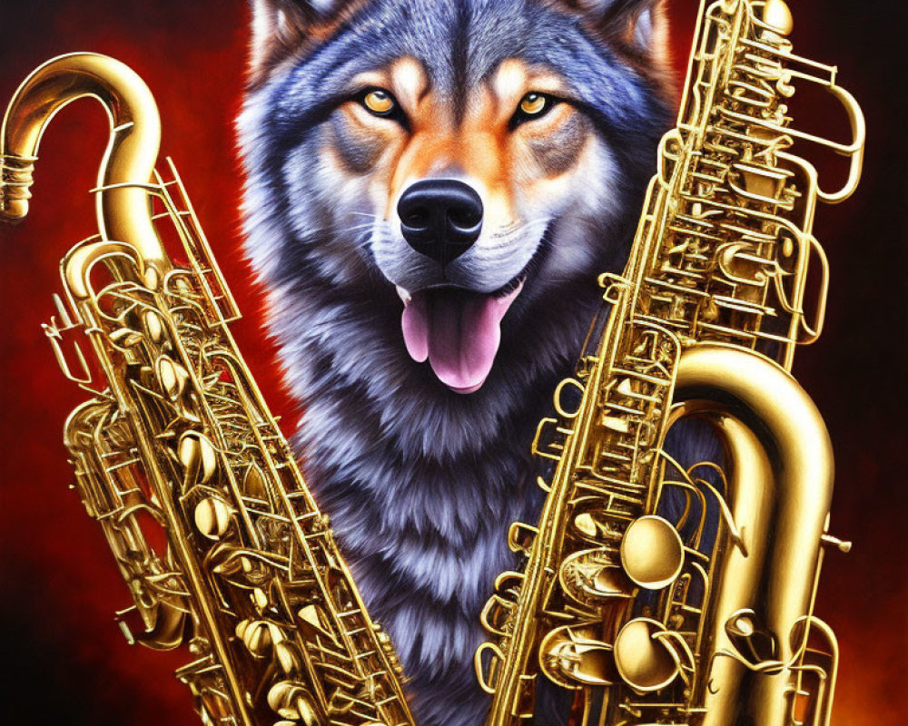 Colorful Wolf Face with Golden Saxophones on Fiery Background