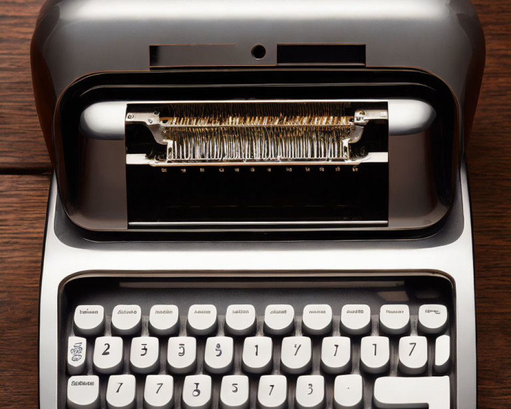 Vintage Typewriter with White Keys on Wooden Background