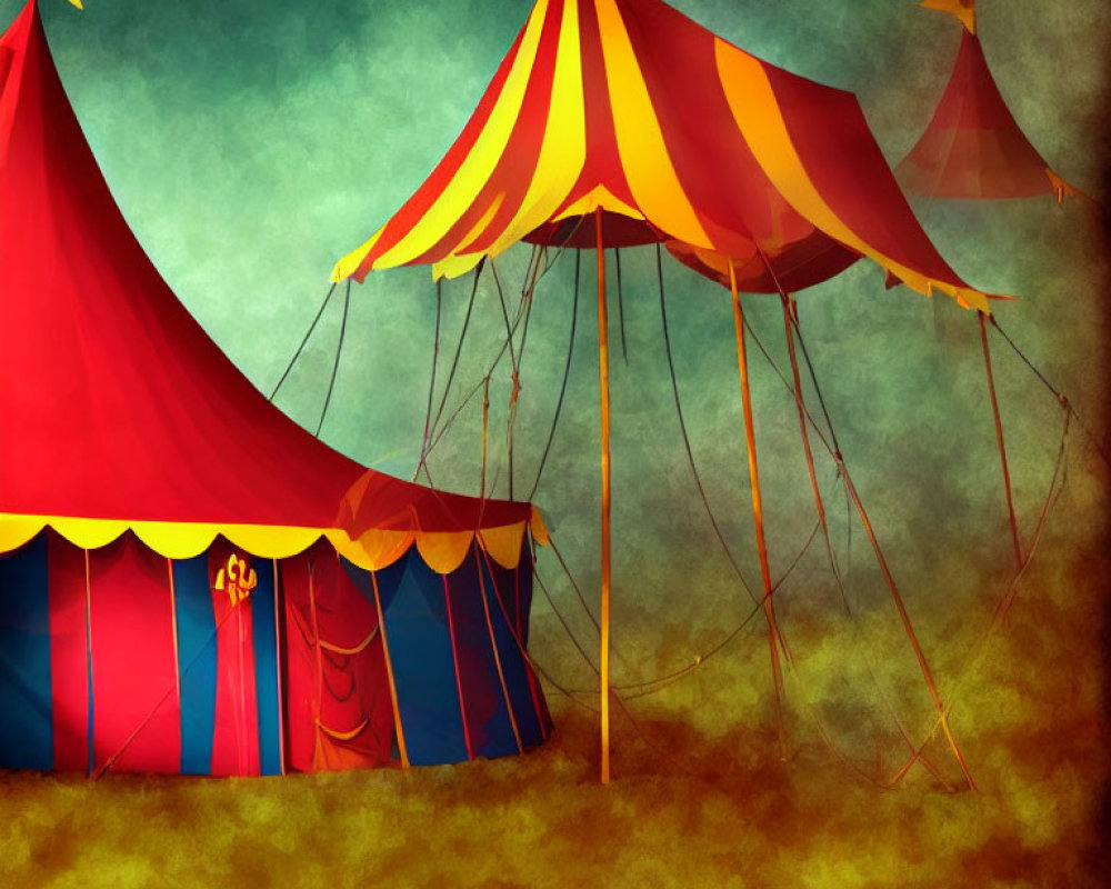 Vintage Circus Scene with Red & Yellow Striped Tents Against Moody Sky