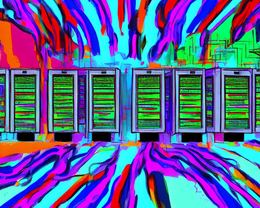 Vibrantly Distorted Data Center with Neon Server Racks