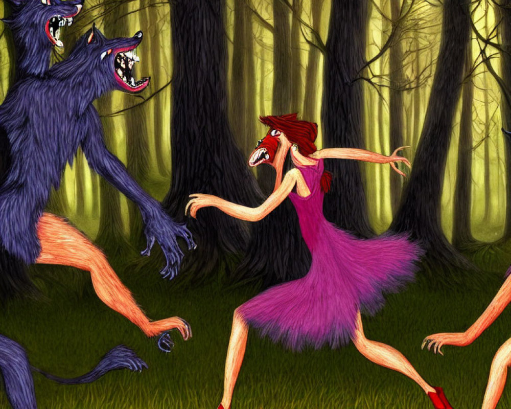 Woman in Purple Dress Running from Menacing Wolves in Dark Forest