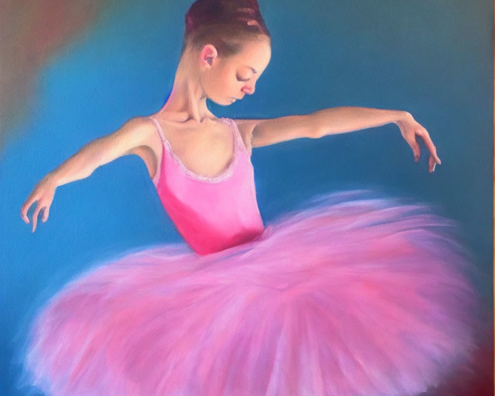 Young ballet dancer in pink tutu poses gracefully on soft blue background