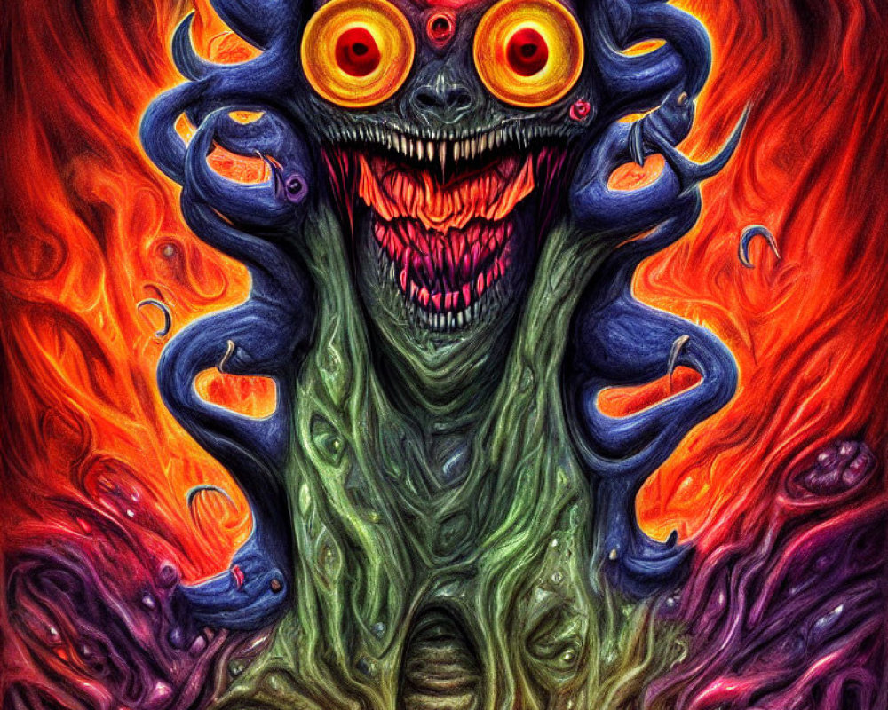 Detailed Illustration of Monstrous Creature with Tentacles and Fiery Eyes