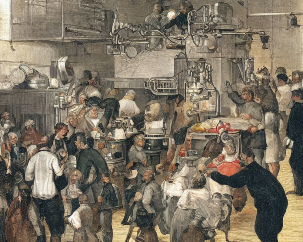 Busy Kitchen Scene with Cooks and Assistants Amidst Ovens and Equipment