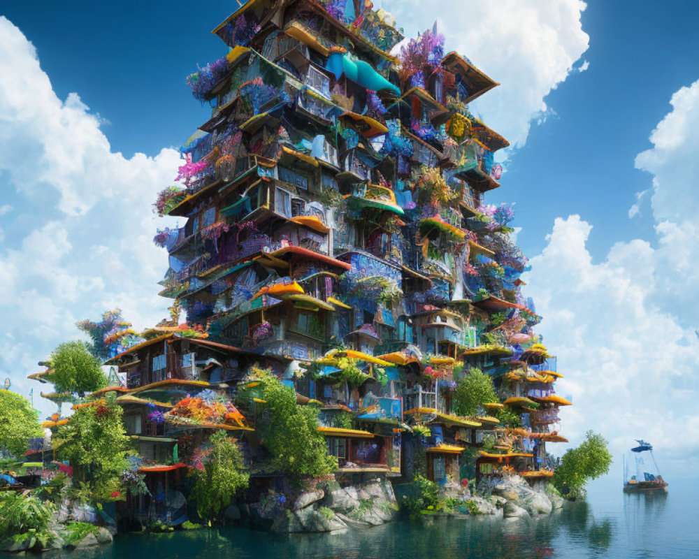 Fantasy structure with multiple levels and flora by tranquil water