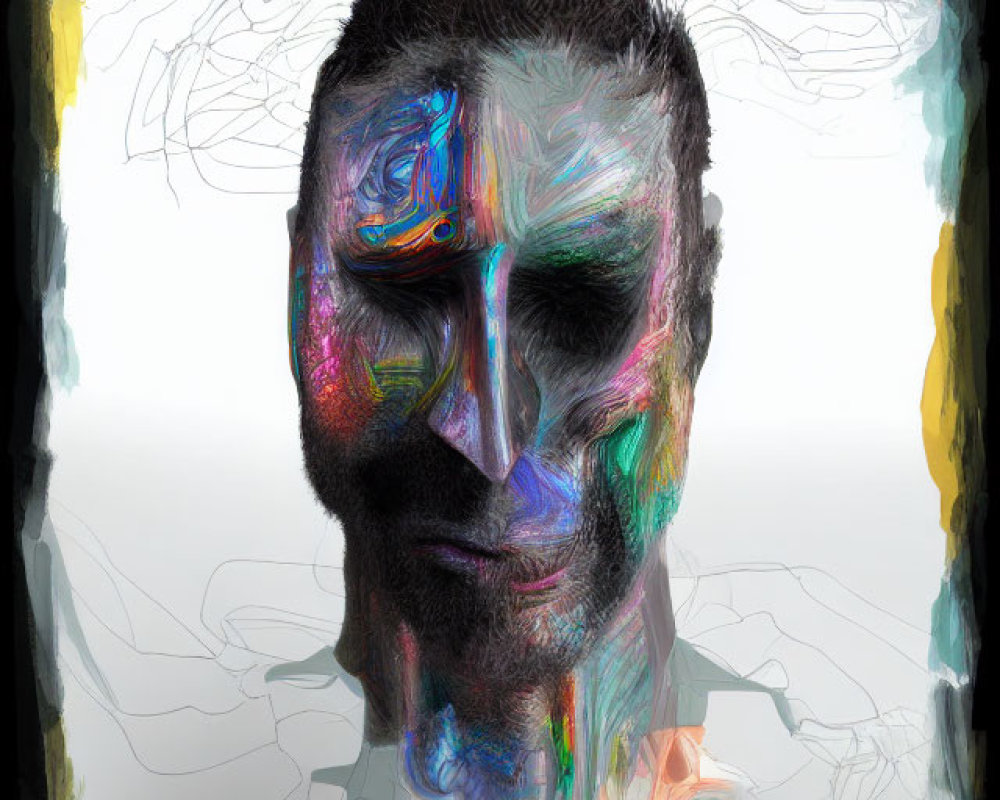 Abstract digital portrait with colorful brush strokes and sketch-like quality