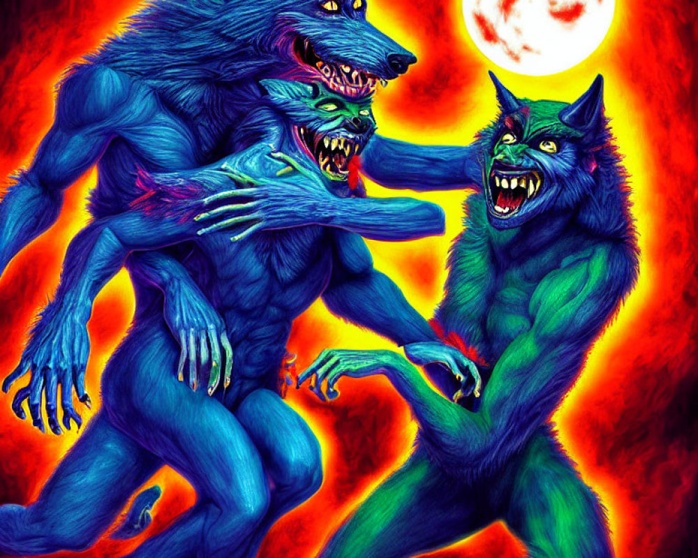 Vibrant werewolves snarling under full moon and fiery backdrop