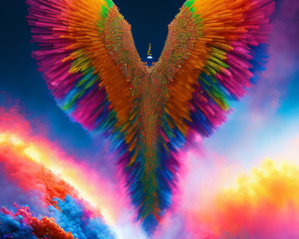 Symmetrical wings against vibrant sky in blue and pink