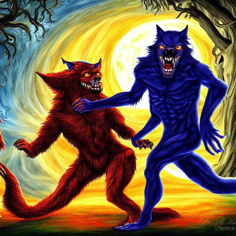 Vibrant red and blue werewolf-like creatures under a full moon among twisted trees