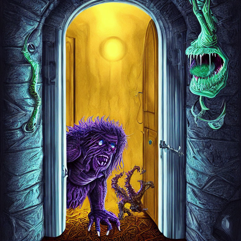 Furry monster in doorway with snake-like creature looming overhead