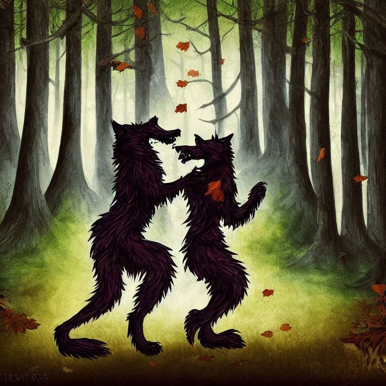 Black wolves mirroring each other in forest setting with falling autumn leaves