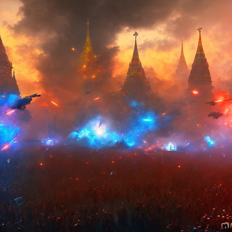 Crowd at dusk with orange flames, blue lights, and helicopters near pointed towers