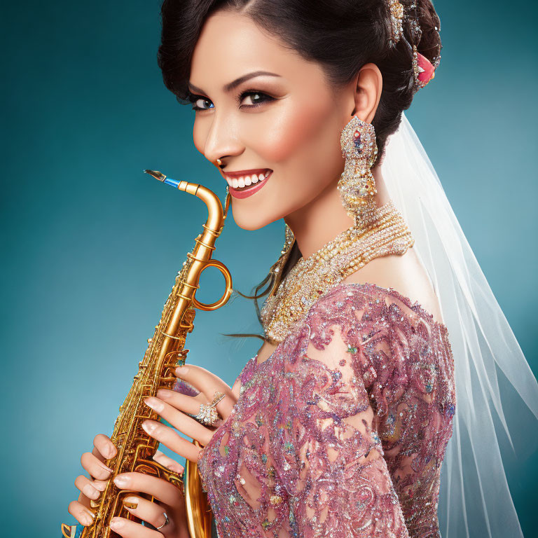 Smiling woman in bridal attire with saxophone on blue backdrop