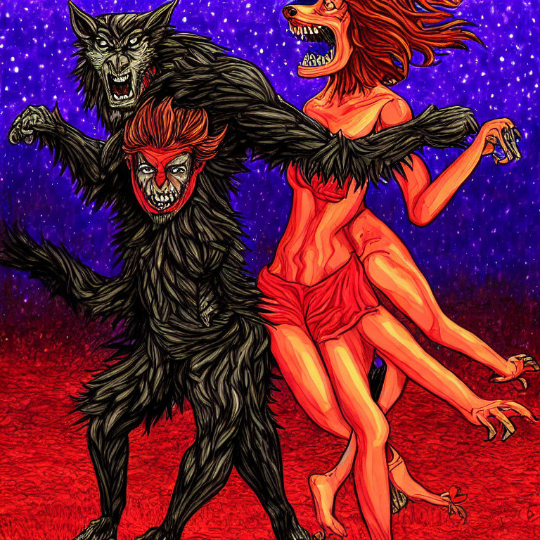 Three aggressive werewolf-like creatures under starry night sky