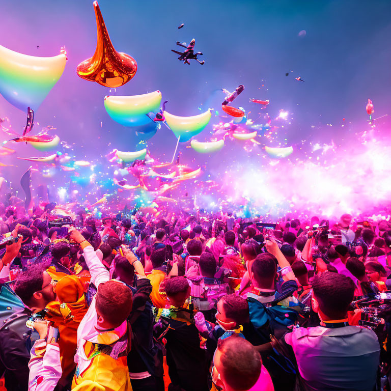 Colorful festival crowd with confetti, balloons, and joyful atmosphere