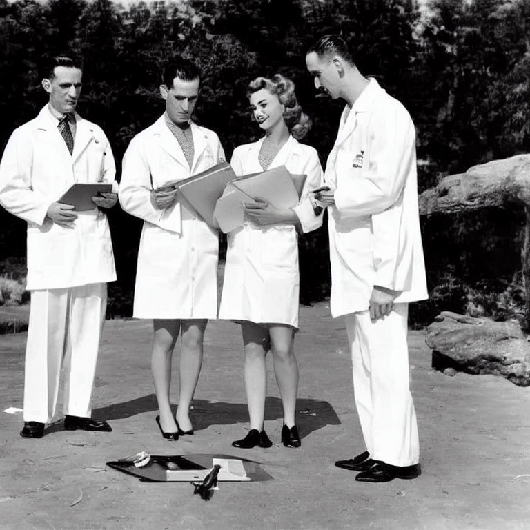 Group of Four People in Lab Coats Examining Documents Outdoors