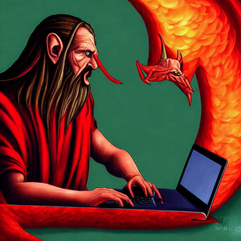 Long-haired figure typing on laptop with dragon on fiery structure in stylized illustration