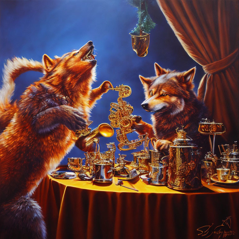 Anthropomorphic wolves discussing ornate brass artifacts in rich setting