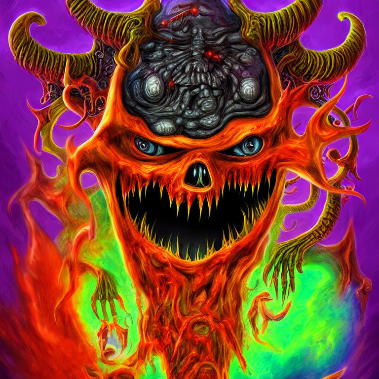 Colorful fantastical creature with horns and multiple eyes on eerie backdrop