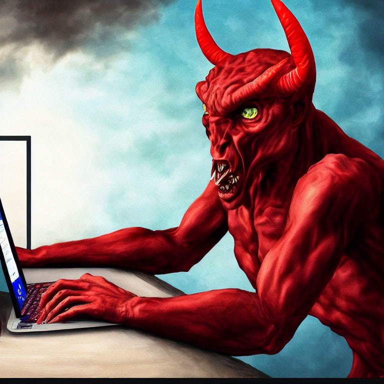 Red horned creature with green eyes using laptop in focus.