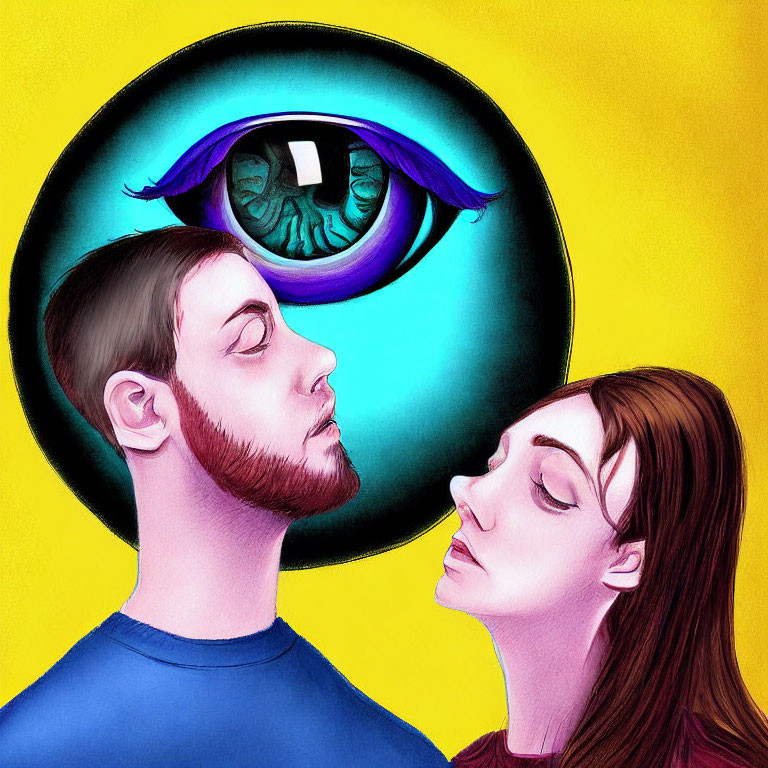 Vivid illustration of man and woman with detailed eye above them