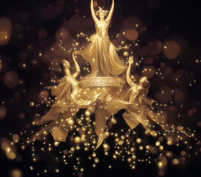 Golden figures dancing in circle with luminous orbs on dark background