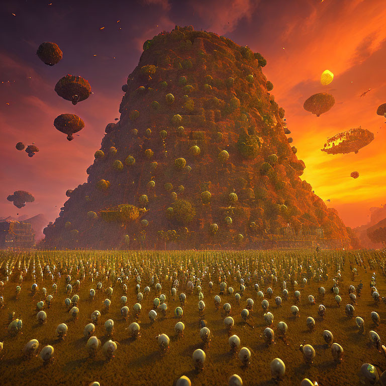 Mystical landscape with towering hill, floating rocks, and spherical plants under orange sky