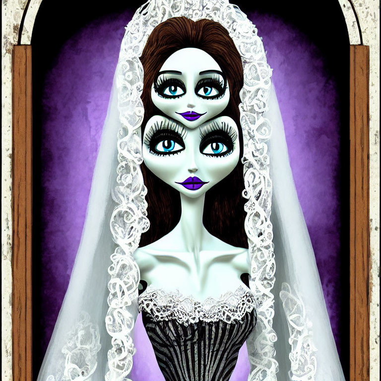 Gothic-style illustration of multi-eyed woman in black corset and bridal veil